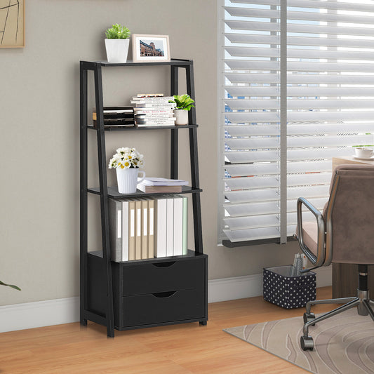 4-Tier Ladder Bookshelf Storage Display with 2 Drawers, Black Bookcases Black at Gallery Canada