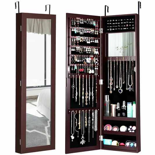 Full Length Mirror Jewelry Cabinet with Ring Slots and Necklace Hooks, Dark Brown