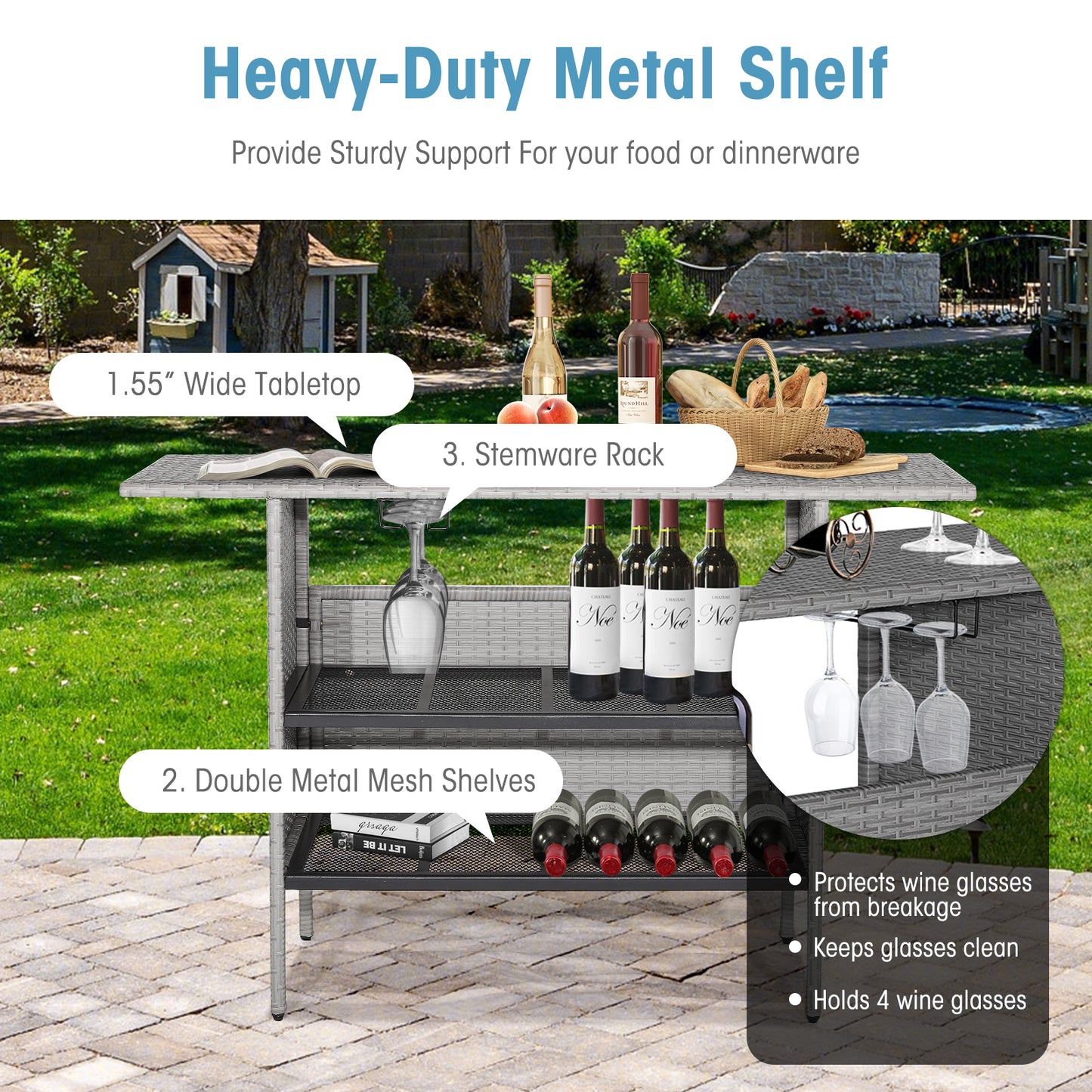 Outdoor Patio Wicker Bar Table with Metal Shelves, Gray Patio Bar Furniture at Gallery Canada