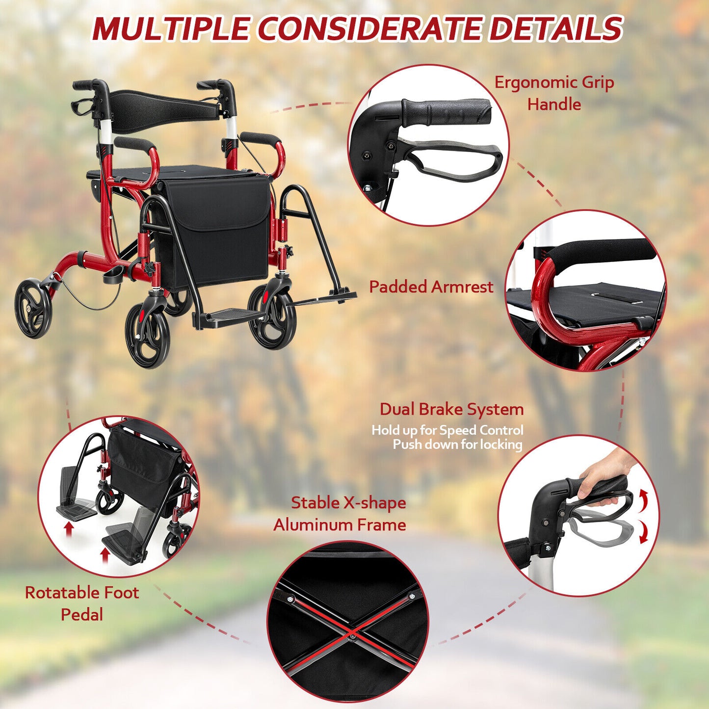 Folding Rollator Walker, 8-inch Wheels, Seat, Red Walkers & Rollators at Gallery Canada