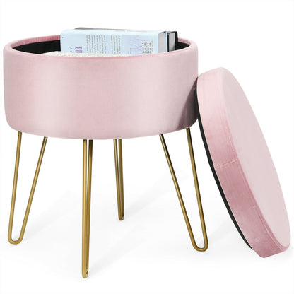 Round Velvet Storage Ottoman Footrest Stool Vanity Chair with Metal Legs, Pink at Gallery Canada