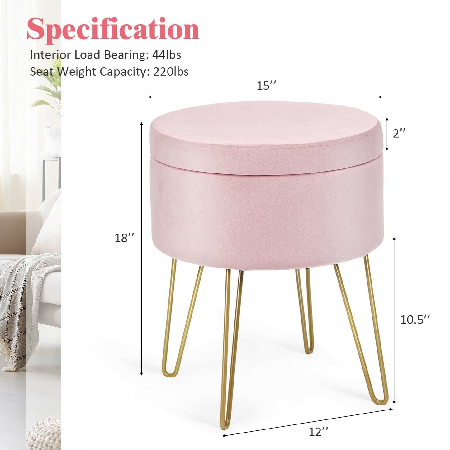 Round Velvet Storage Ottoman Footrest Stool Vanity Chair with Metal Legs, Pink at Gallery Canada