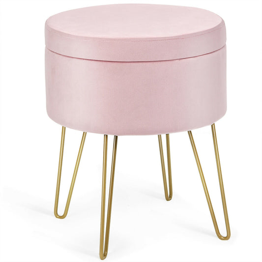 Round Velvet Storage Ottoman Footrest Stool Vanity Chair with Metal Legs, Pink