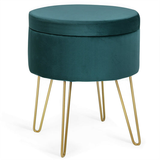 Round Velvet Storage Ottoman Footrest Stool Vanity Chair with Metal Legs, Dark Green
