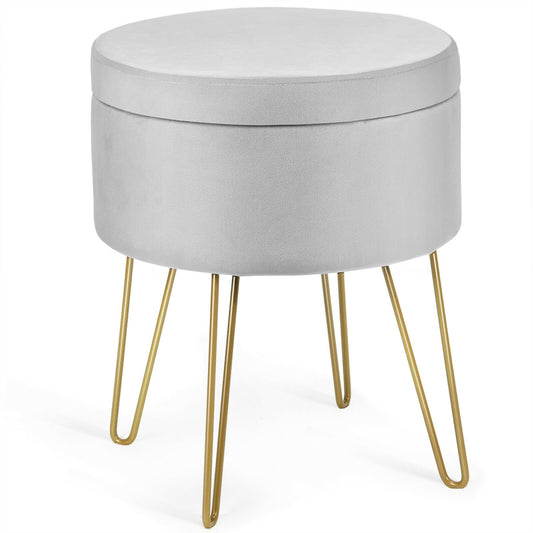 Round Velvet Storage Ottoman Footrest Stool Vanity Chair with Metal Legs, Gray - Gallery Canada