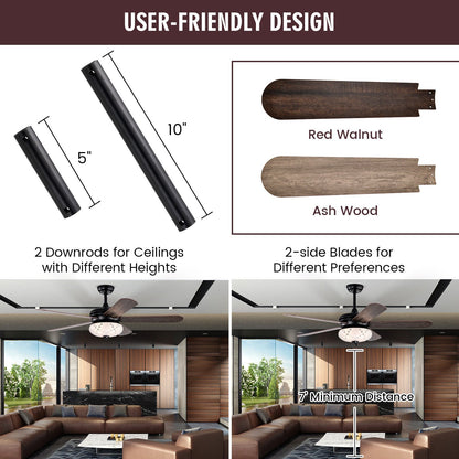 52 Inches Ceiling Fan with Remote Control, Walnut