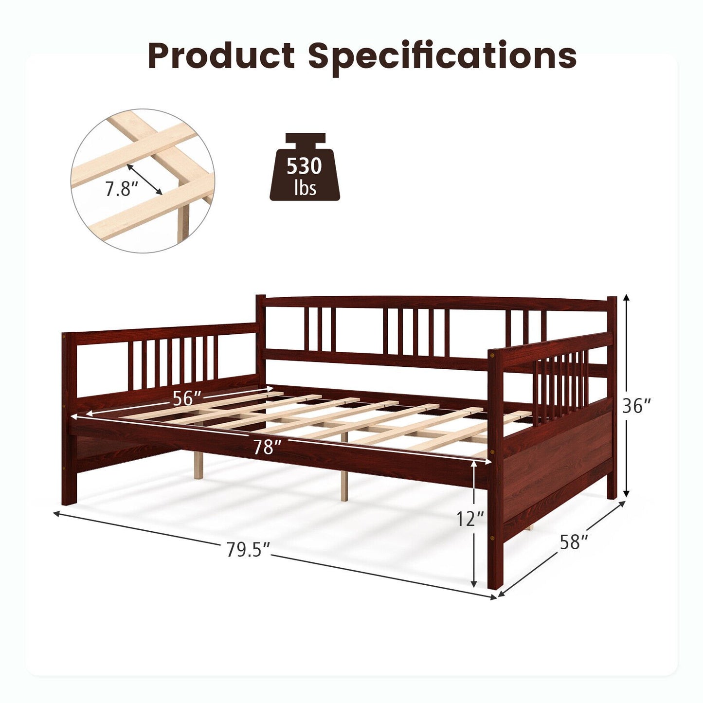 Full Size Metal Daybed Frame with Guardrails, Brown