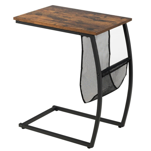 C-shaped Vintage End Table with Side Pocket and Metal Frame, Rustic Brown at Gallery Canada