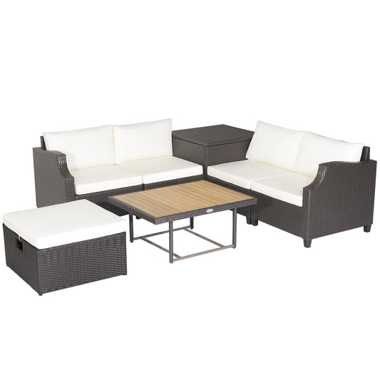 7-Piece Wicker Outdoor Furniture Set, Acacia Wood Coffee Table, White Outdoor Sectionals White at Gallery Canada