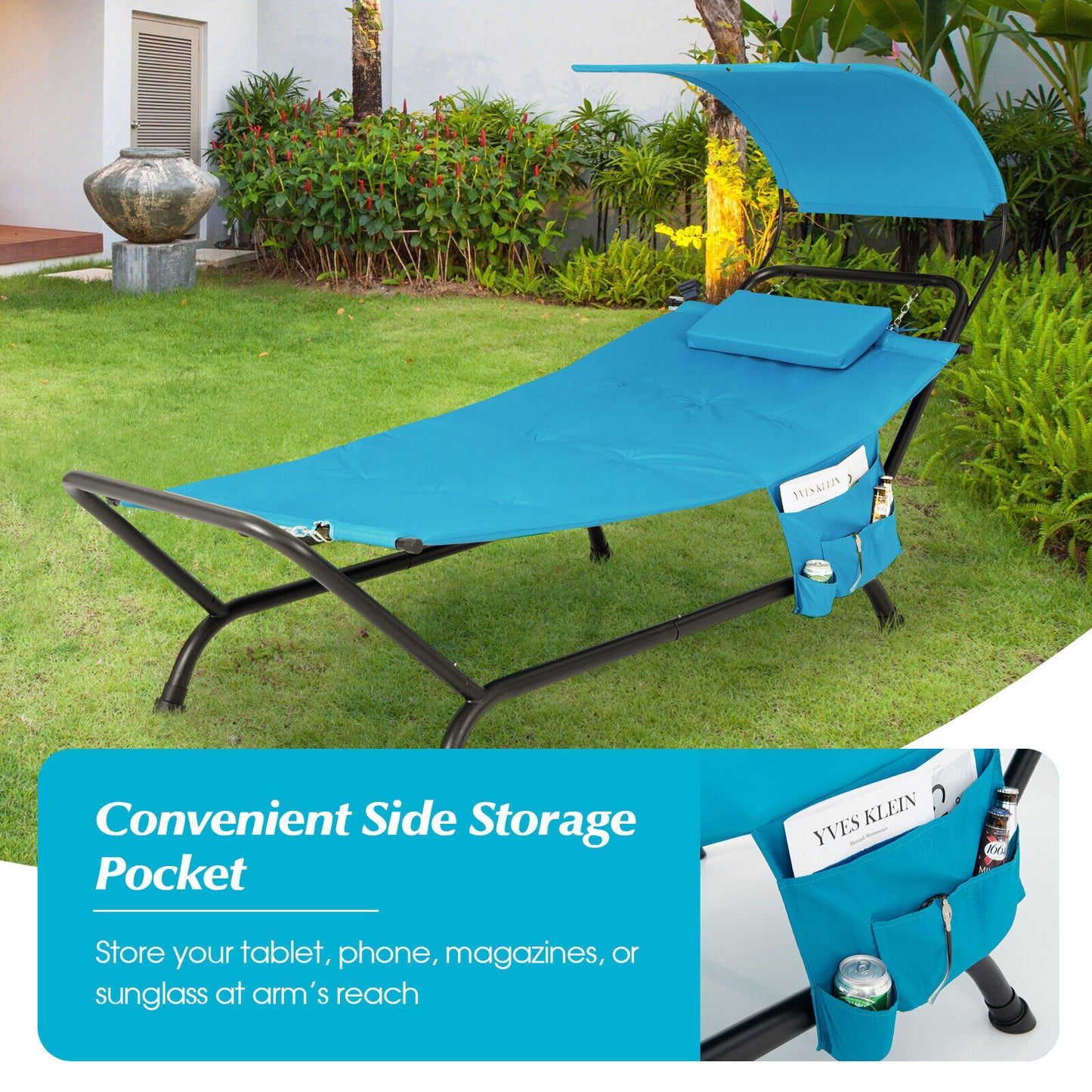 Patio Hanging Chaise Lounge Chair, With Canopy Cushion Pillow, Navy Outdoor Chaise Lounges at Gallery Canada
