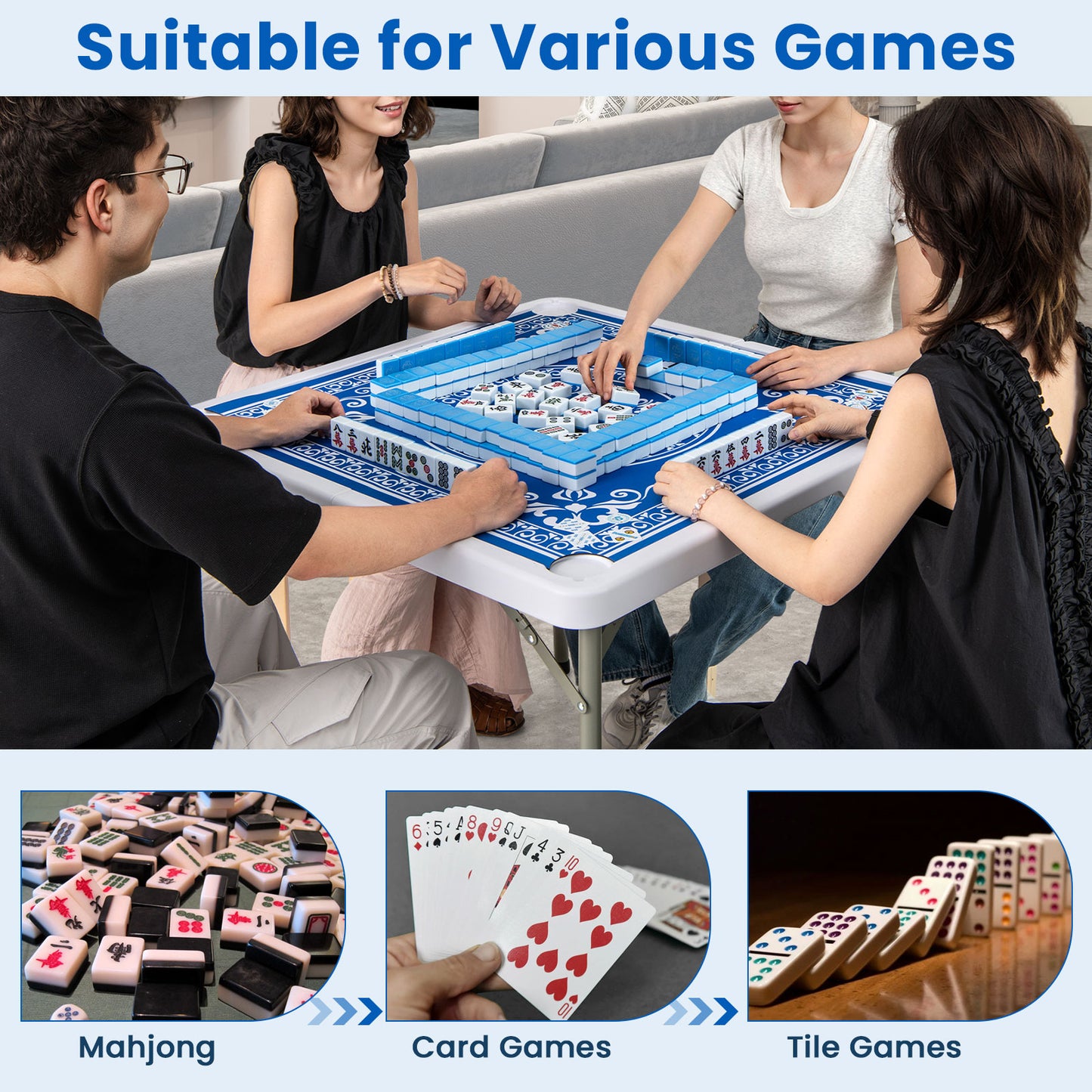 35 Inch 4 Player Folding Mahjong Table, Cup Holders, Light Blue Game Room at Gallery Canada