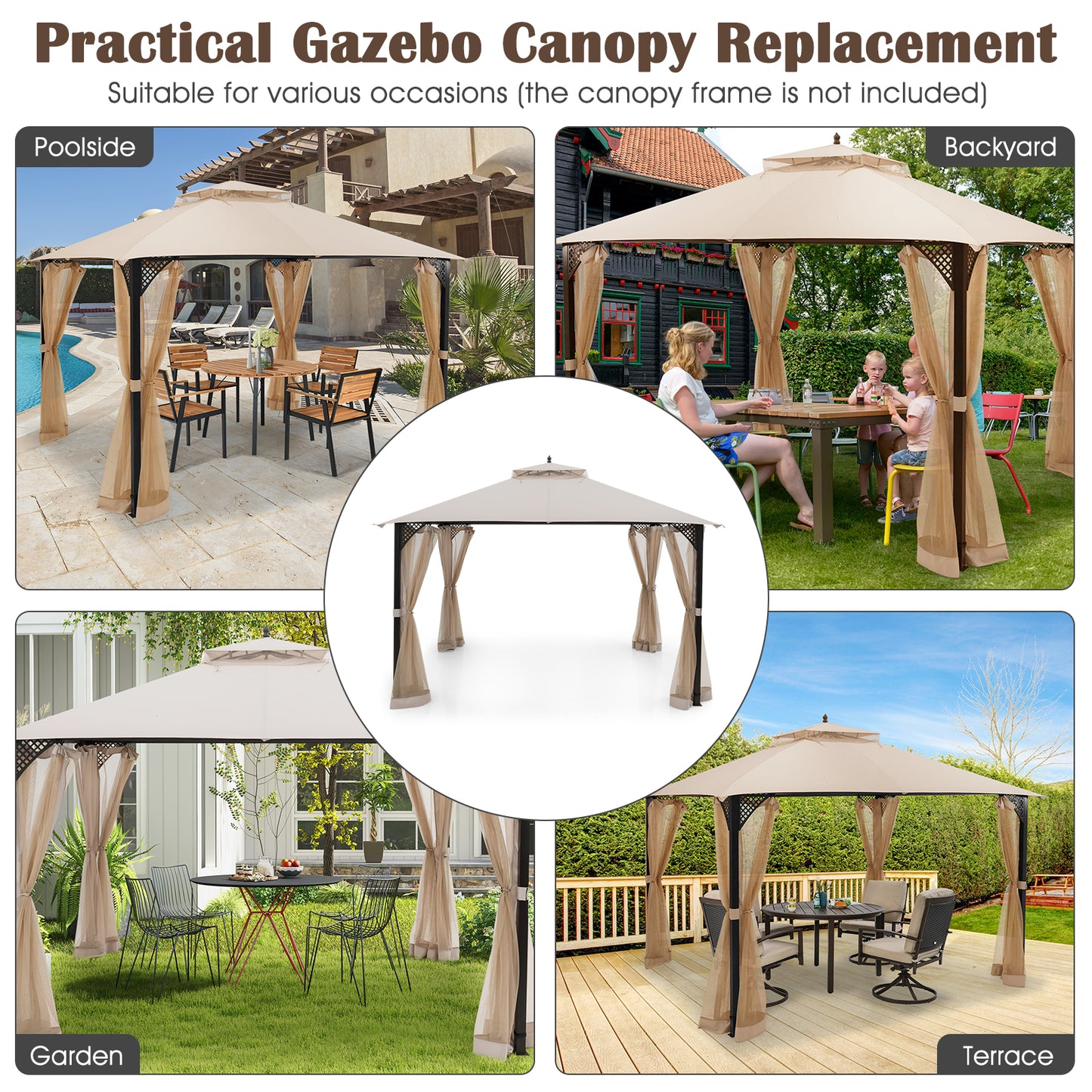 10 x 12 Feet Gazebo Replacement Top with Air Vent and Drainage Holes, Beige Gazebos at Gallery Canada