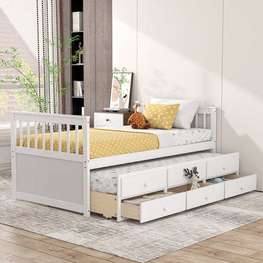 Twin Captain's Bed With Trundle, 3 Storage Drawers, White