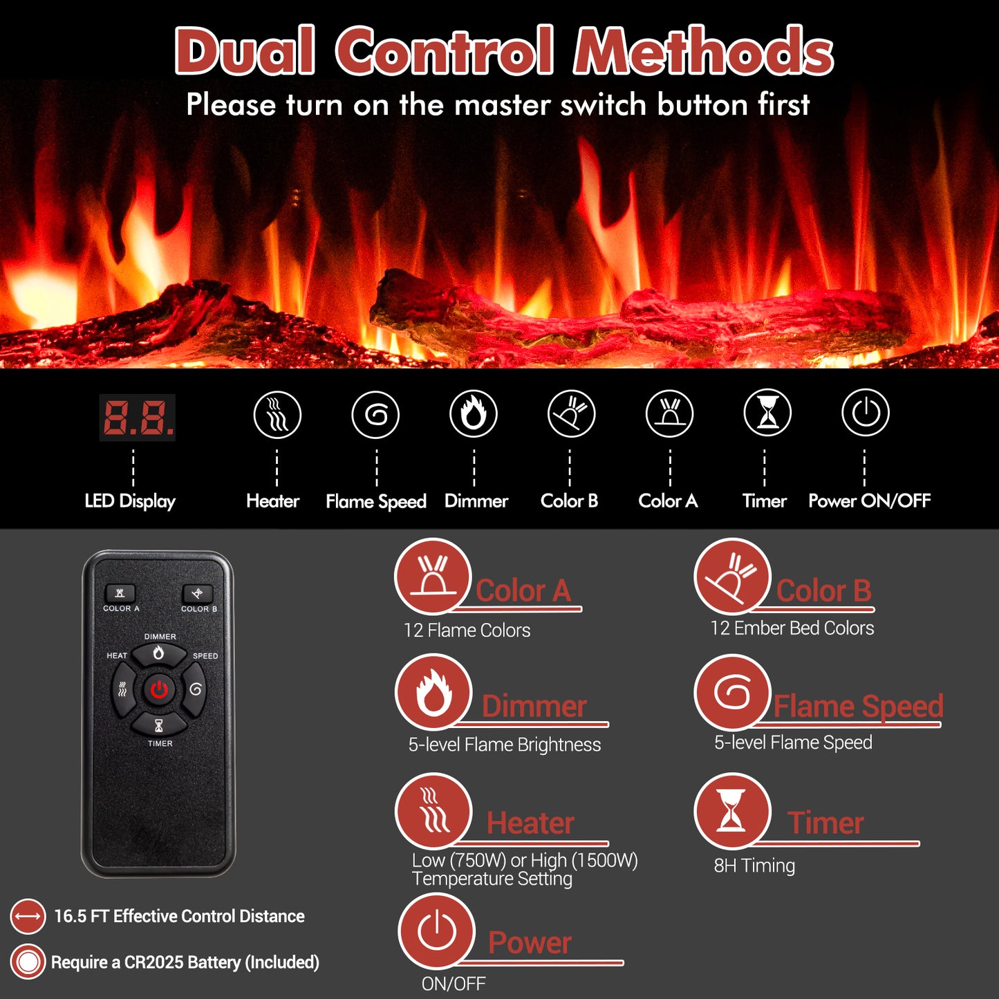 60 Inches Electric Fireplace With Remote Control, Timer, Black Fireplaces at Gallery Canada