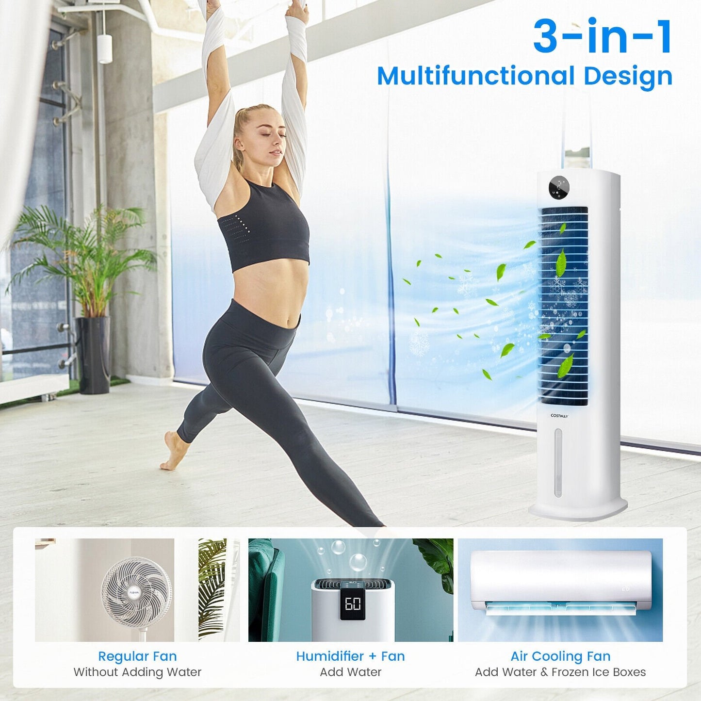 42 Inch 3-in-1 Portable Evaporative Air Cooler Tower Fan with 9H Timer Remote, White at Gallery Canada
