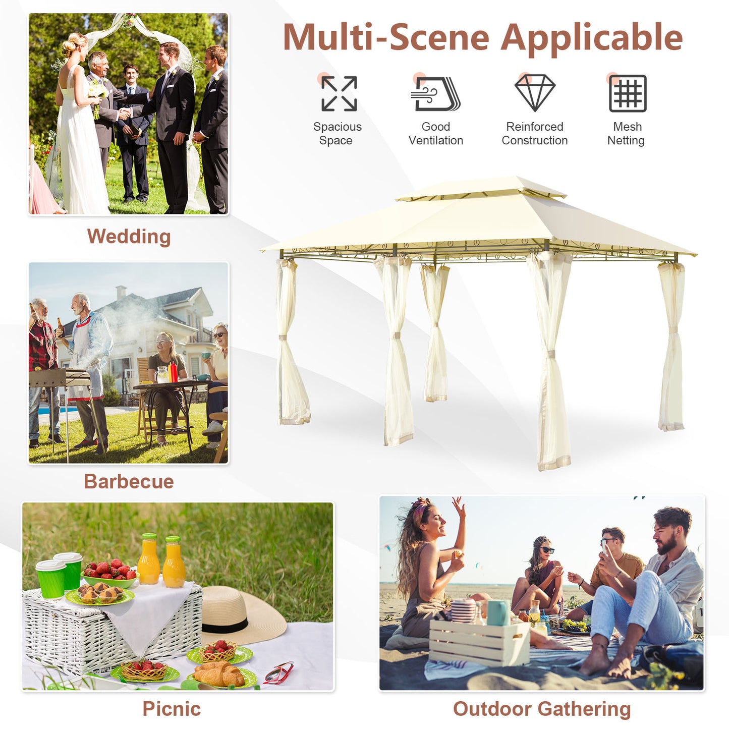 10 Feet x 13 Feet Tent Canopy, Removable Netting Sidewall, Beige Gazebos at Gallery Canada