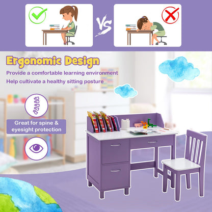 Kids Wooden Writing Furniture Set with Drawer and Storage Cabinet, Purple