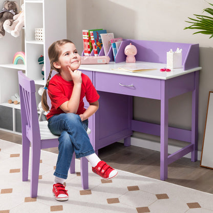 Kids Wooden Writing Furniture Set with Drawer and Storage Cabinet, Purple