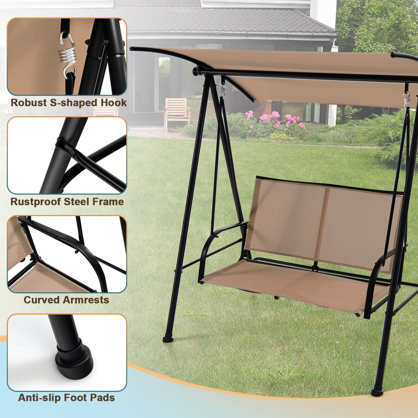2-Seat Outdoor Canopy Swing, Comfortable Fabric, Heavy-Duty Frame, Beige Porch Swings at Gallery Canada