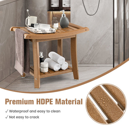 Waterproof Bath Stool with Curved Seat and Storage Shelf, Brown