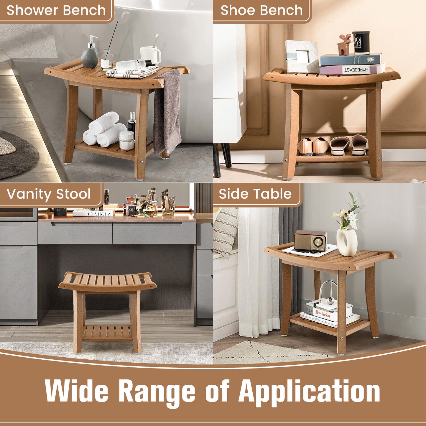 Waterproof Bath Stool With Curved Seat And Storage Shelf, Brown Bath Safety at Gallery Canada