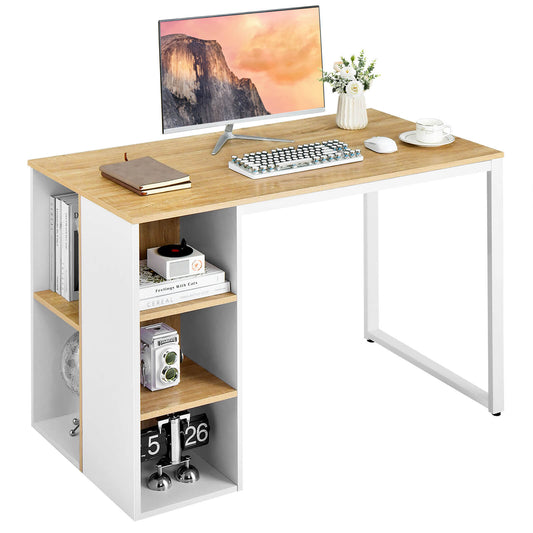 Computer Desk with 5 Side Shelves and Metal Frame, Natural