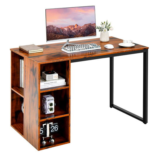 Computer Desk with 5 Side Shelves and Metal Frame, Rustic Brown