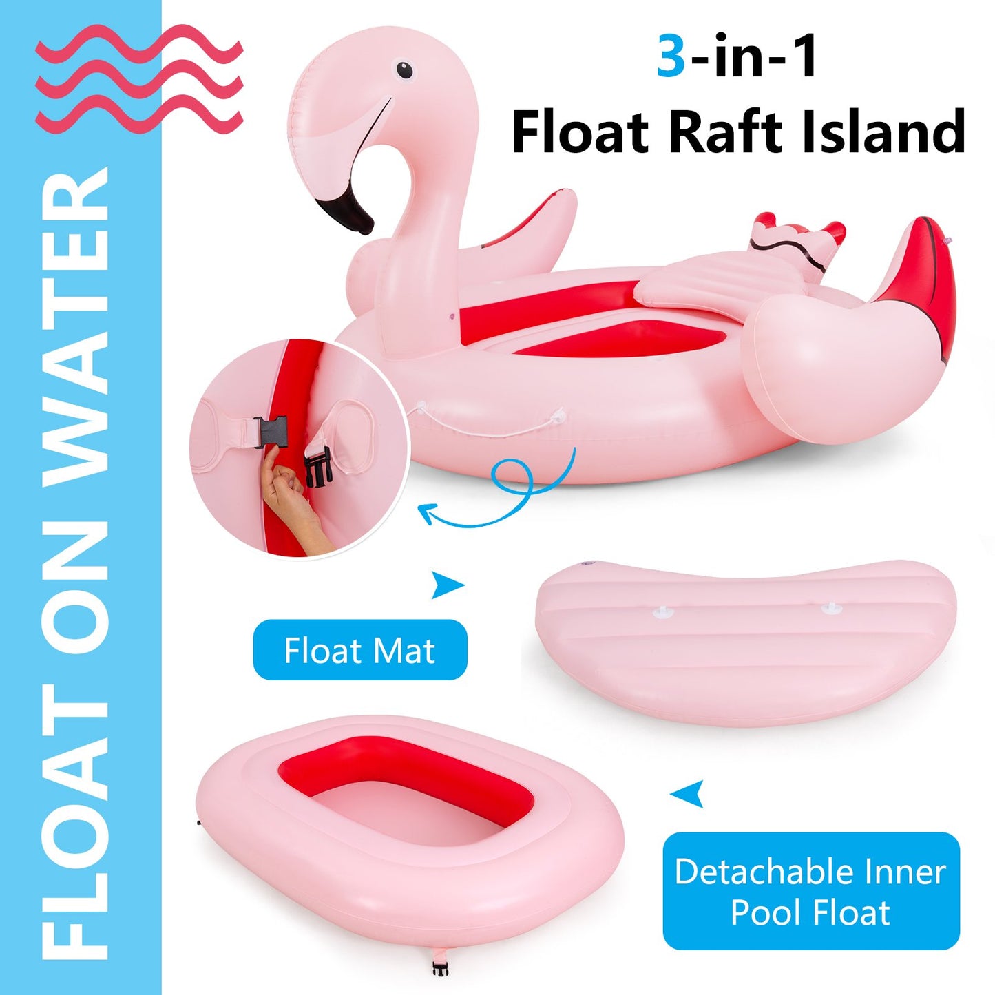 6 People Inflatable Flamingo Floating Island with 6 Cup Holders for Pool and River, Pink