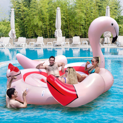 6 People Inflatable Flamingo Floating Island with 6 Cup Holders for Pool and River, Pink