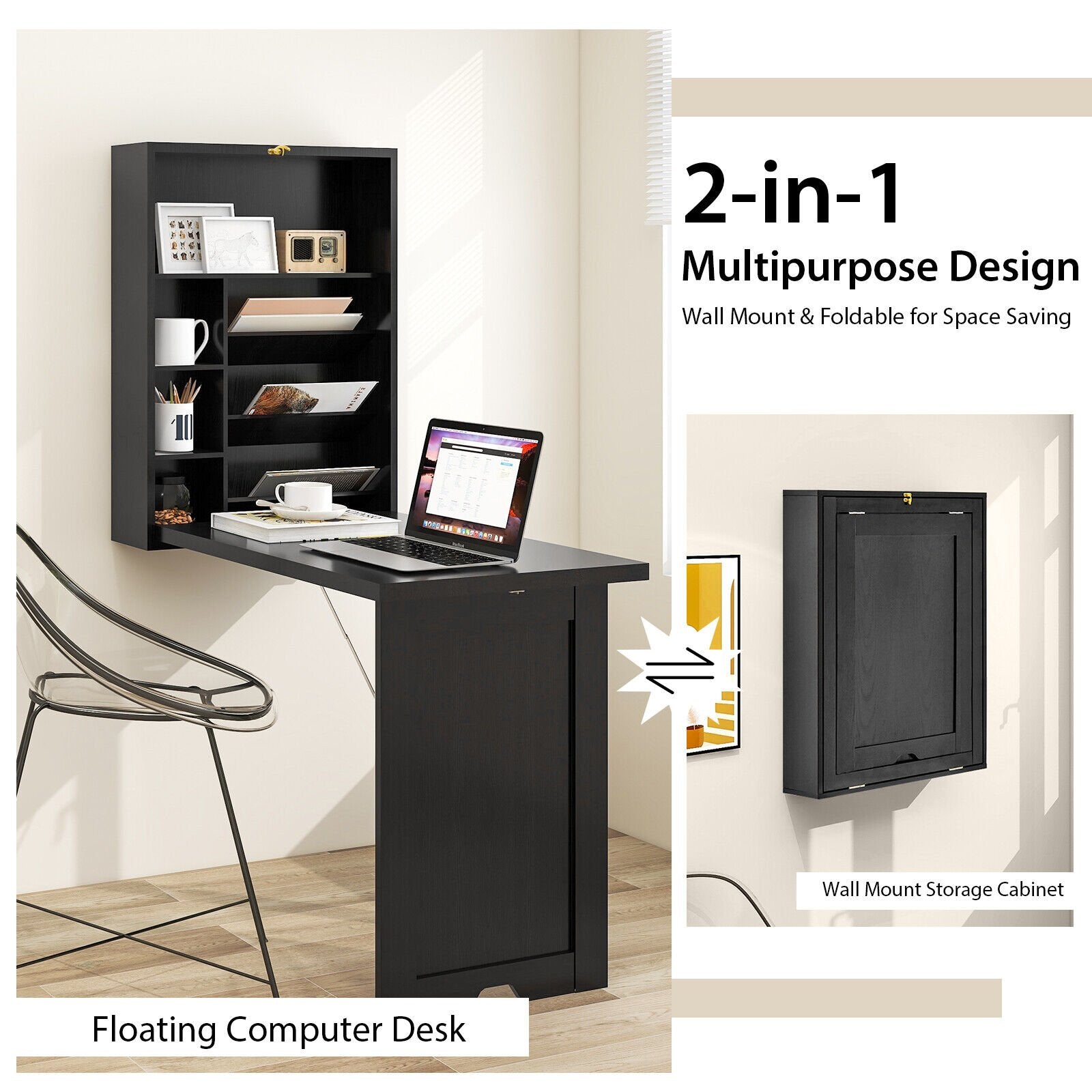 Wall Mounted Fold-Out Convertible Floating Desk Space Saver, Black at Gallery Canada