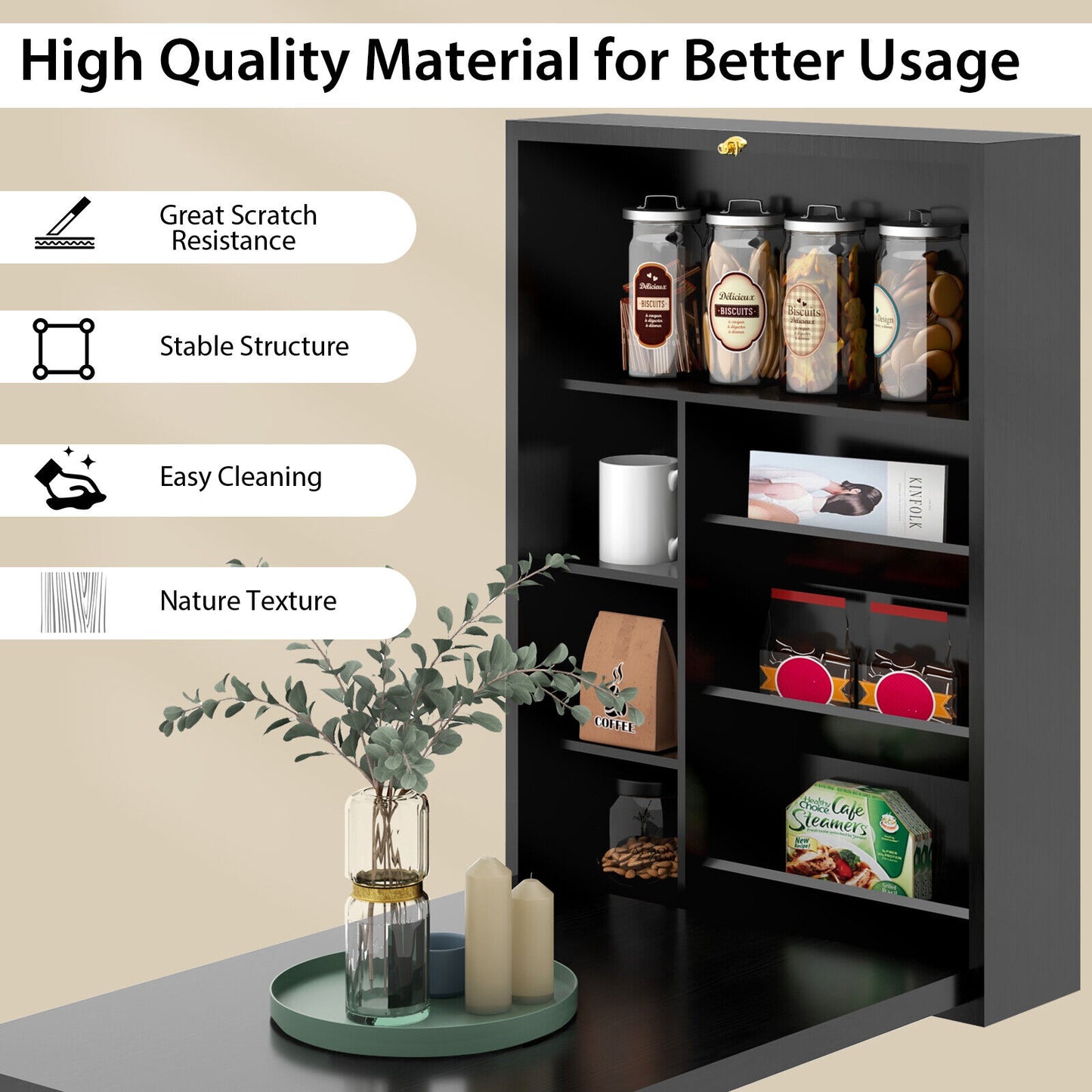 Wall Mounted Fold-Out Convertible Floating Desk Space Saver, Black