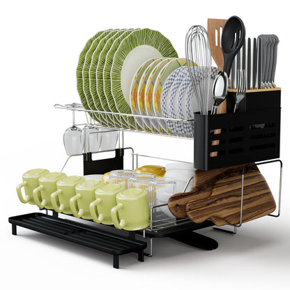 2-Tier Detachable Dish Drying Rack with Cutlery Holder, Black