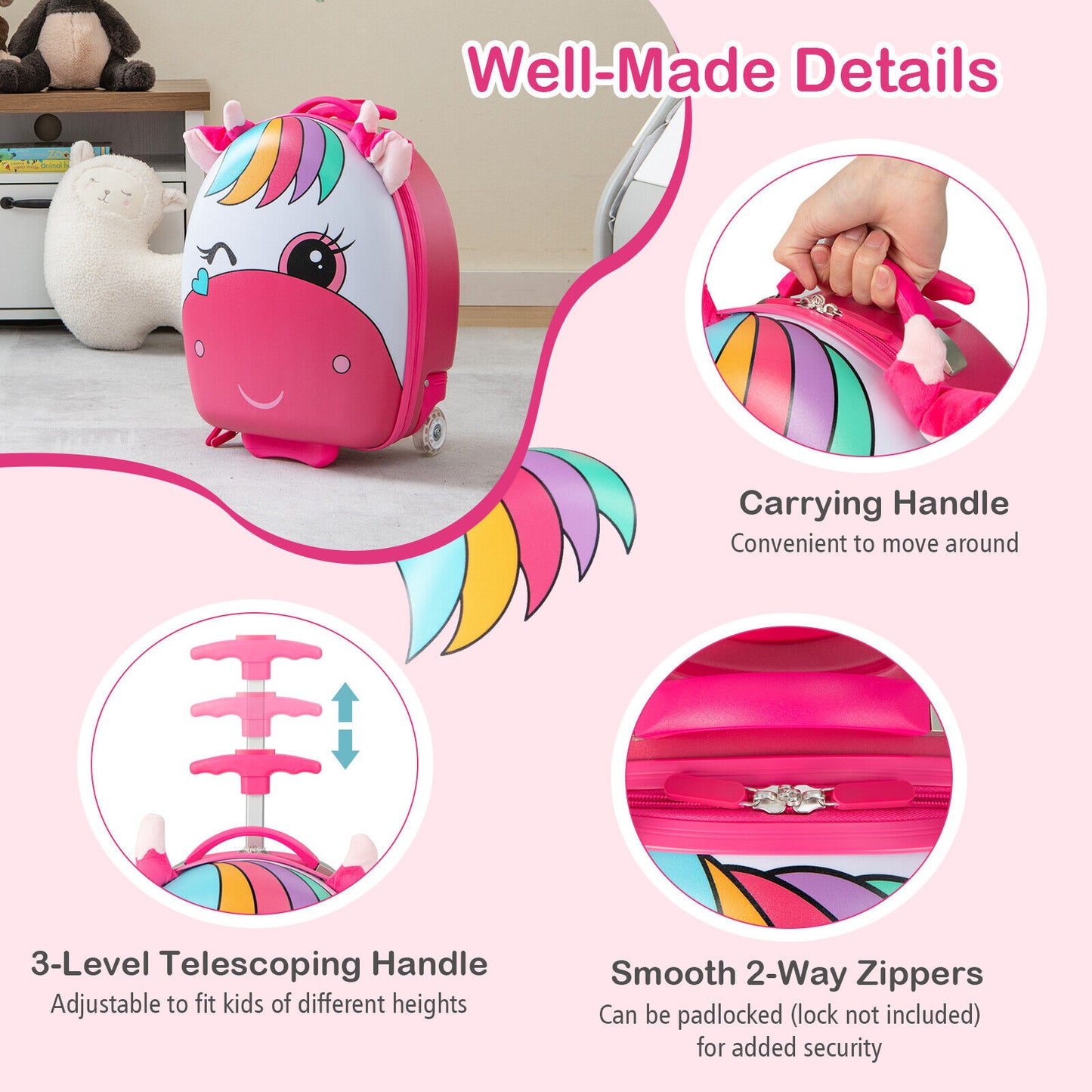 16 Inch Kids Rolling Luggage, 2 Flashing Wheels, Telescoping Handle, Pink Kids Luggage at Gallery Canada