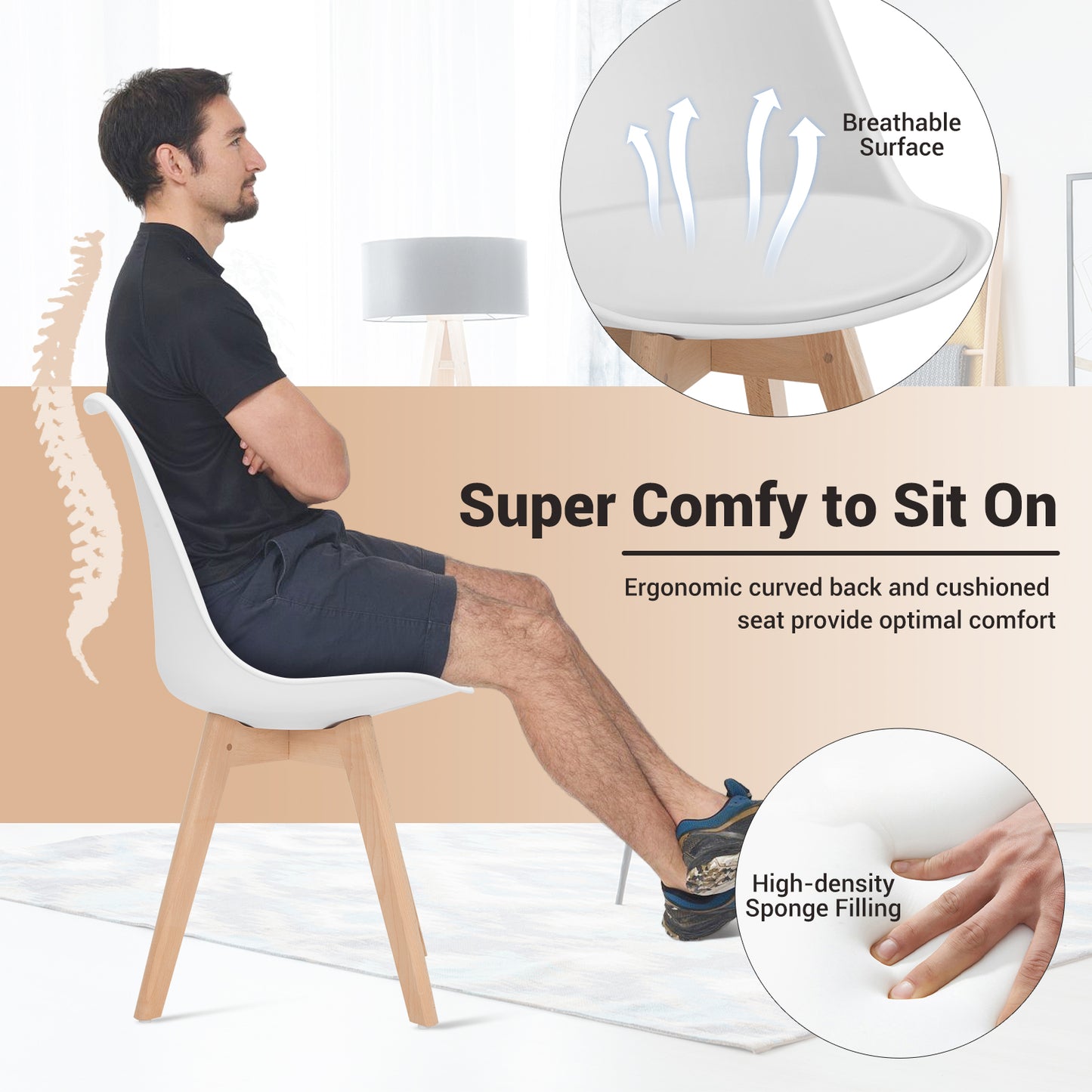 Set of 4 Dining Chairs Mid-Century Modern Shell PU Seat with Wooden Legs, White Dining Chairs at Gallery Canada