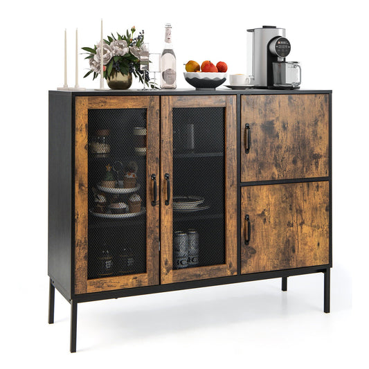 48" Industrial Kitchen Buffet Sideboard with Metal Mesh Doors and Anti-toppling Device, Brown