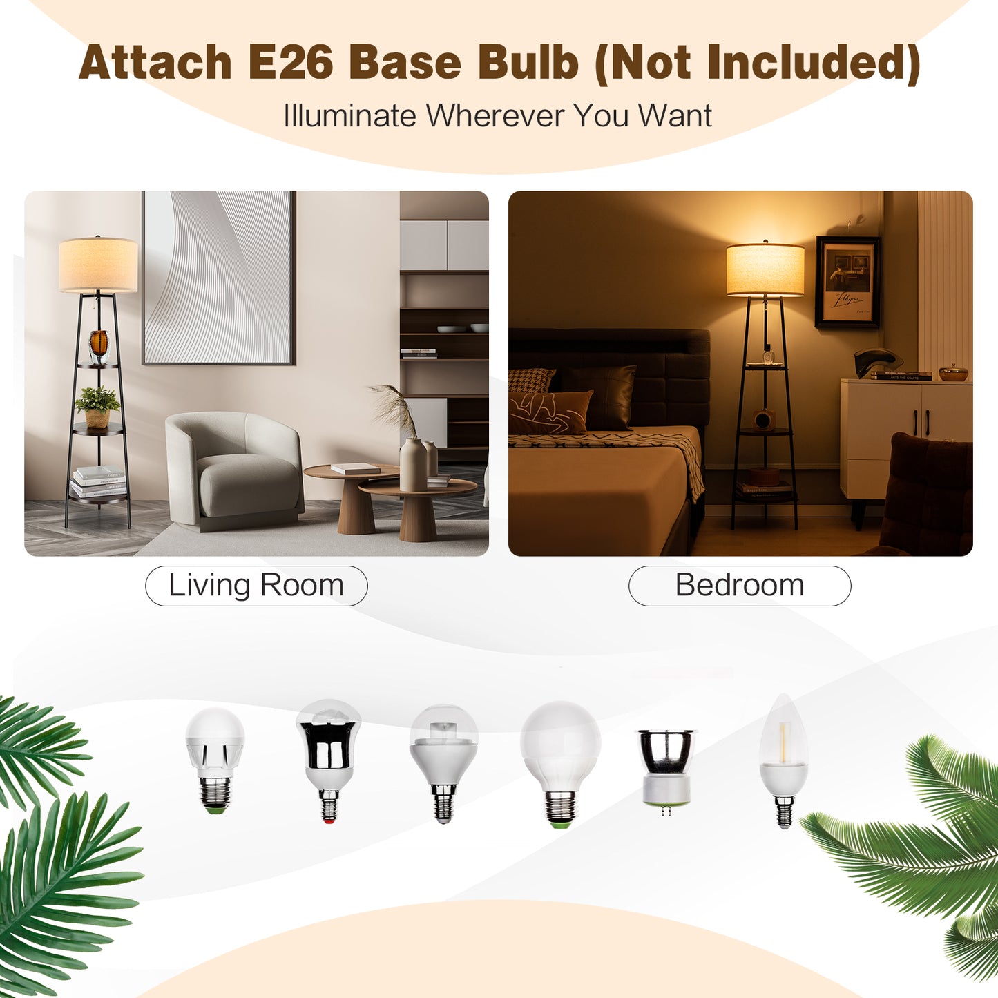 Standing Shelf Floor Lamp, Storage Shelves, Linen Lampshade, Black Table & Floor Lamps at Gallery Canada