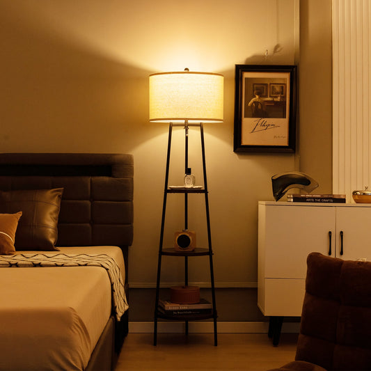 Standing Shelf Floor Lamp, Storage Shelves, Linen Lampshade, Black Table & Floor Lamps Black at Gallery Canada