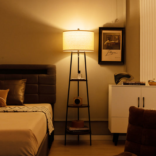 Standing Shelf Floor Lamp, Storage Shelves, Linen Lampshade, Black Table & Floor Lamps Black at Gallery Canada