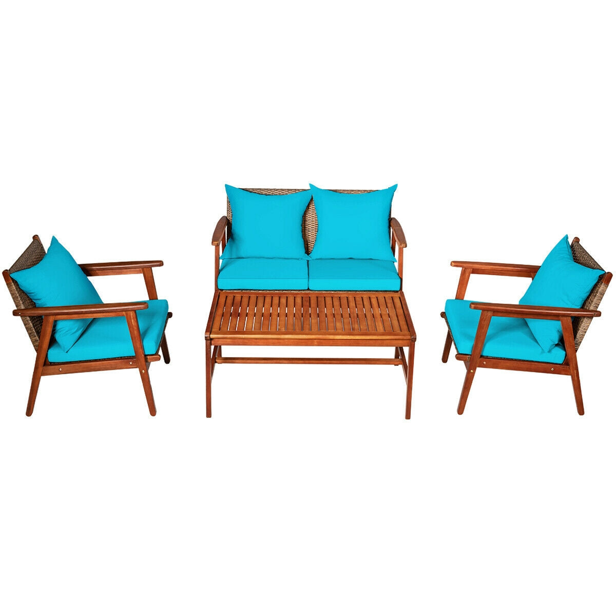 4 Pieces Acacia Wood Patio Rattan Furniture Set, Turquoise Patio Conversation Sets at Gallery Canada