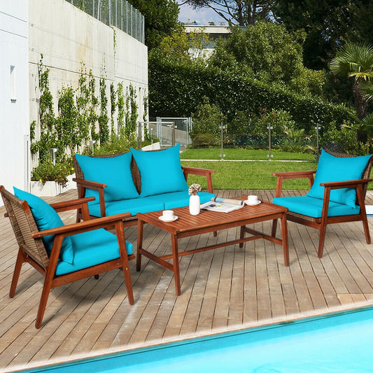 Acacia Wood Patio Rattan Furniture Set, 4 Pieces, Turquoise