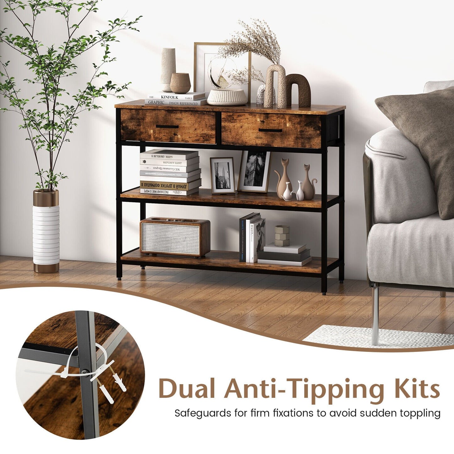 Console Table with Folding Fabric Drawers for Entryway, Rustic Brown