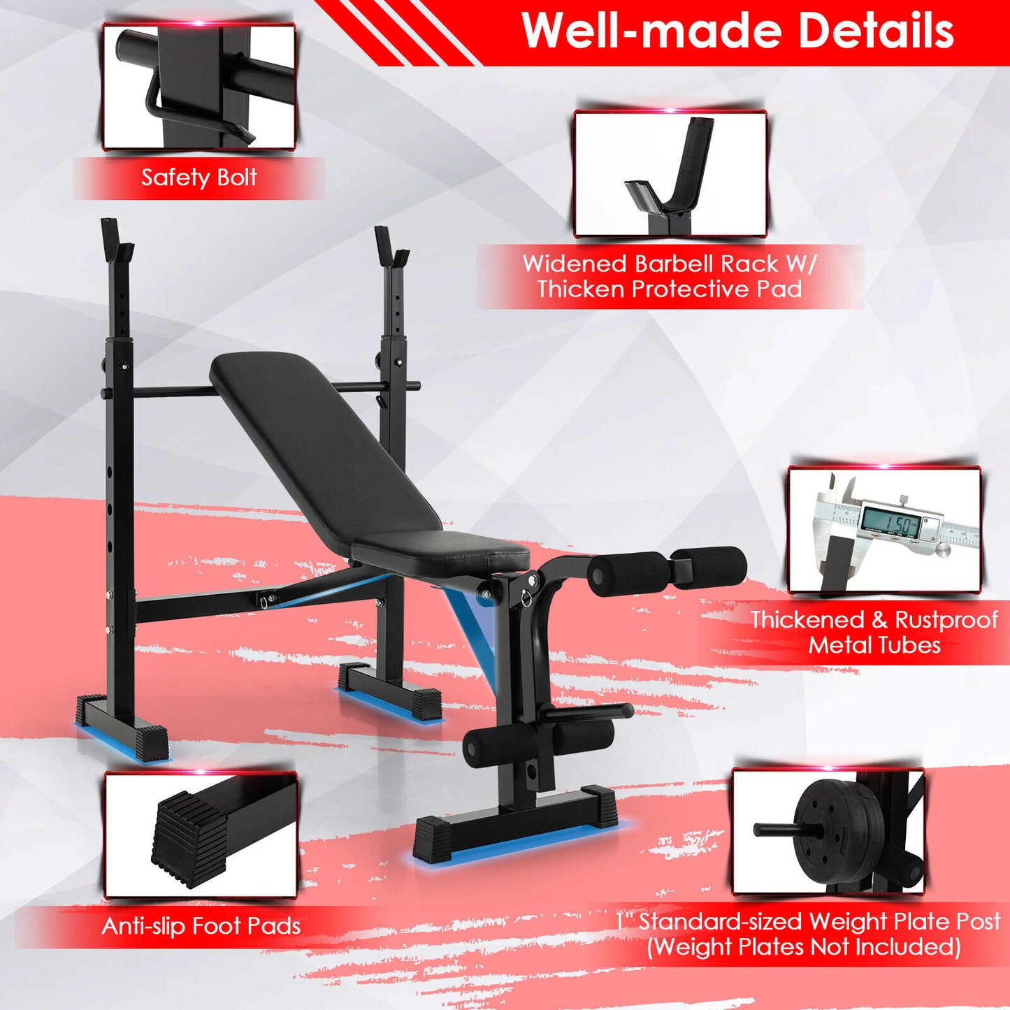 Adjustable Weight Bench and Barbell Rack Set with Weight Plate Post, Black