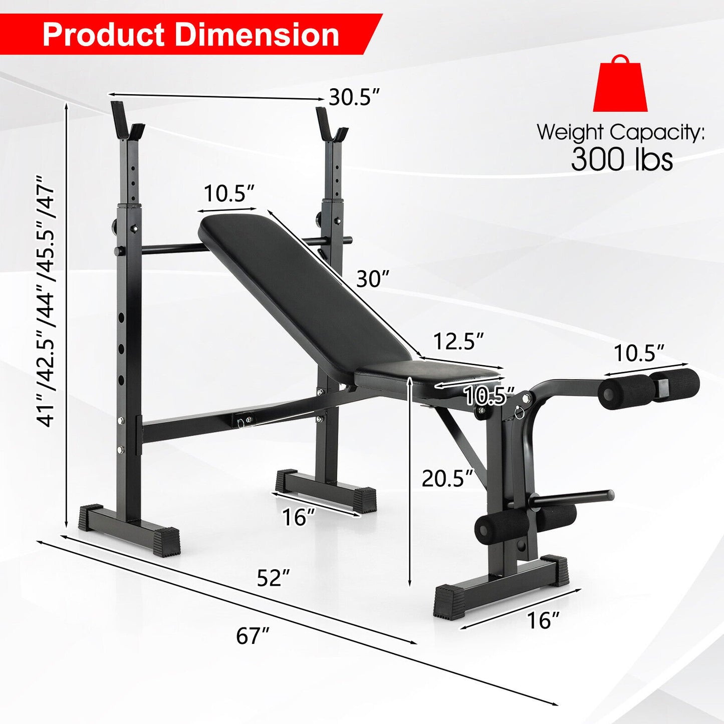 Adjustable Weight Bench and Barbell Rack Set with Weight Plate Post, Black