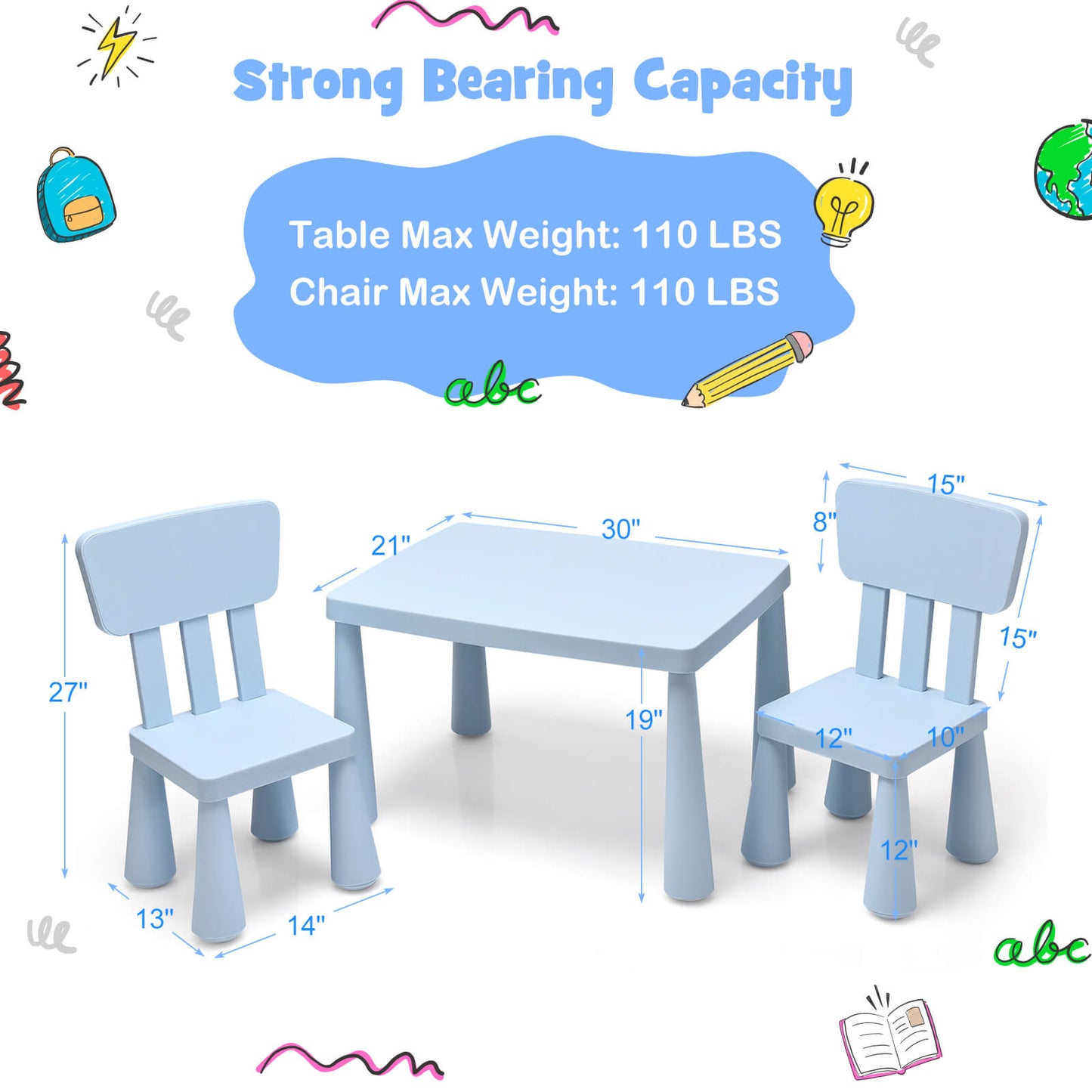 3 Pieces Toddler Multi Activity Play Dining Study Kids Table and Chair Set, Blue at Gallery Canada