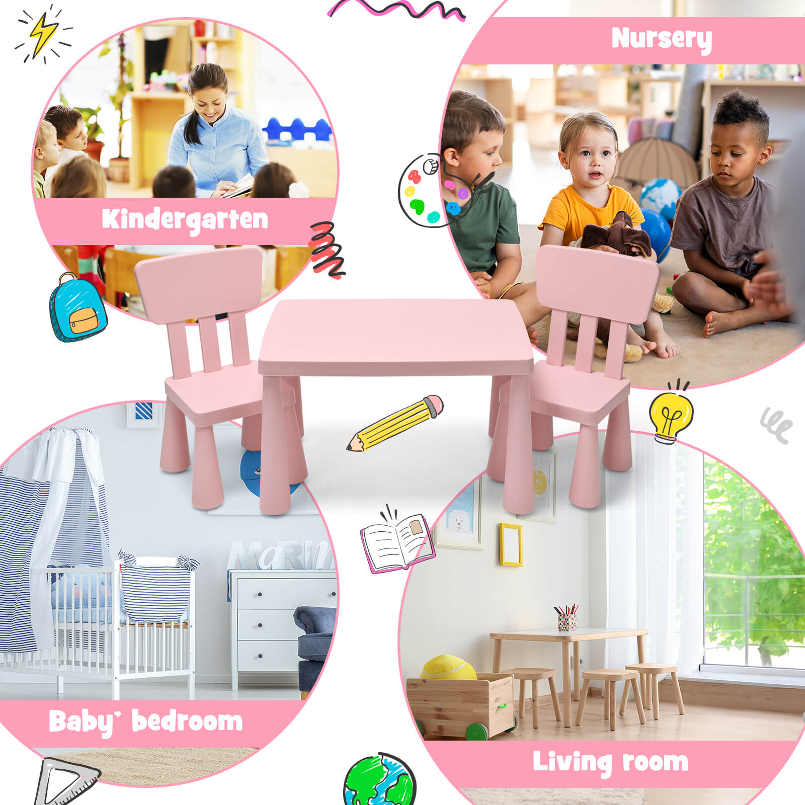 3 Pieces Toddler Multi Activity Play Dining Study Kids Table and Chair Set, Pink at Gallery Canada