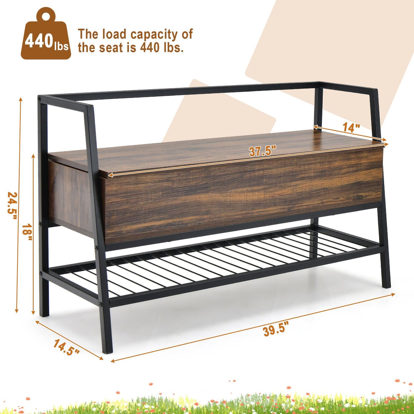 Industrial Shoe Bench with Storage Space and Metal Handrail, Rustic Brown