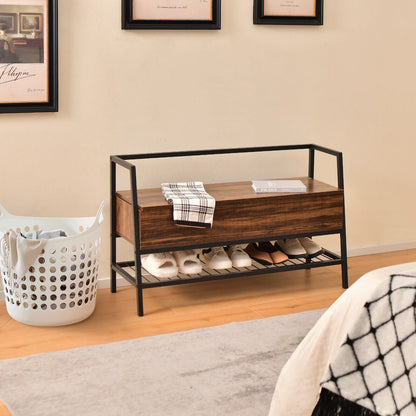 Industrial Shoe Bench with Storage Space and Metal Handrail, Rustic Brown