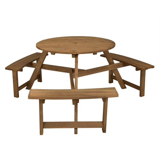 6-person Round Wooden Picnic Table with Umbrella Hole and 3 Built-in Benches, Dark Brown