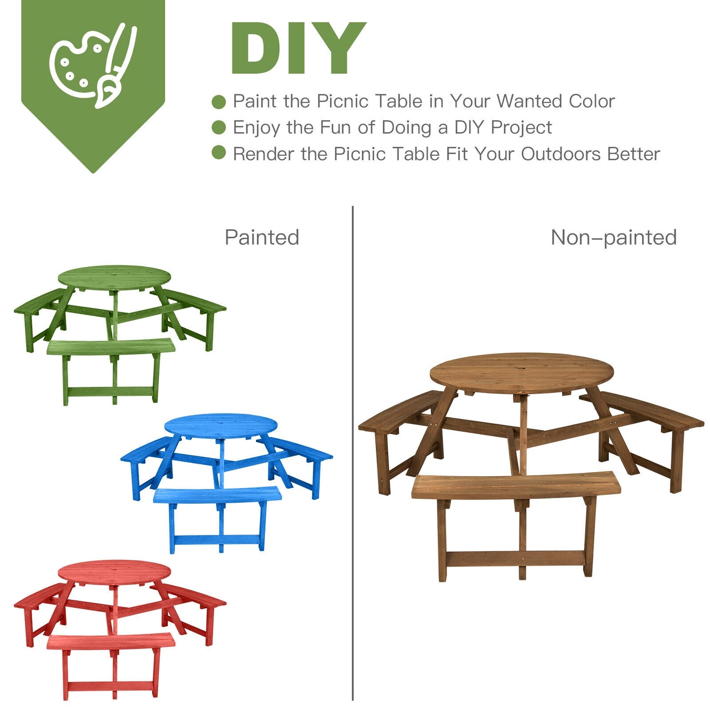 6-Person Round Wooden Picnic Table, With Umbrella Hole And Benches, Dark Brown Picnic Tables at Gallery Canada