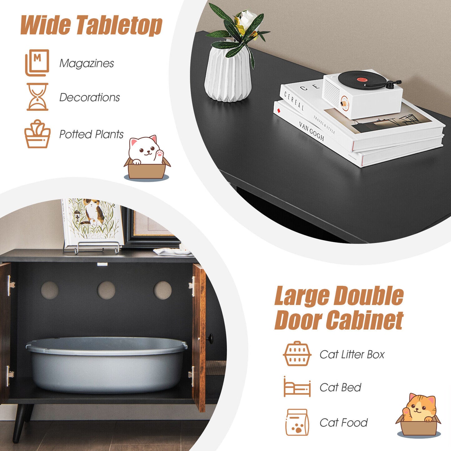 Cat Litter Box Enclosure, Double Door Cabinet, Natural Cat Houses at Gallery Canada